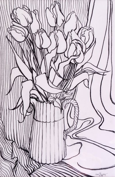 Tulipány na pruhovaném plátně,2000, grafit od Joan Thewsey