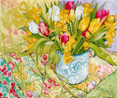 Tulipány a narcisy se vzorovaným textilem, 2000, (akvarel) od Joan Thewsey