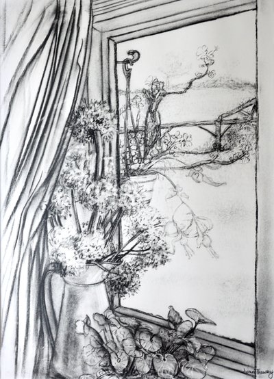 Pohled oknem do chalupy,1970 (uhel) od Joan Thewsey