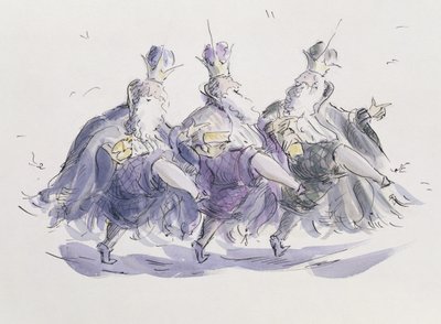 Three Kings Dancing a Jig (pero, inkoust a wc na papíře) od Joanna Logan