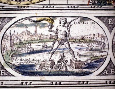 Reprezentace sedmi divů starověku: Kolos Rhodský. v Atlasu Janssona Jannsonia vytištěném v Amsterodamu roku 1630. Soukromá sbírka. od Joannes Jansson