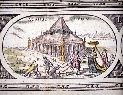 Reprezentace sedmi divů starověku: mauzoleum Halikarnassu. v Atlasu Janssona Jannsonia vytištěném v Amsterodamu roku 1630. Soukromá sbírka. od Joannes Jansson