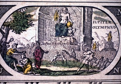 Znázornění sedmi divů starověku: socha Jupitera (Zeus) od Phidias - v ""The Atlas"" od Janssona Jannsonia, vytištěné v Amsterdamu v roce 1630 od Joannes Jansson