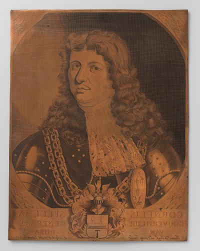 Měděná rytina s portrétem (náprsní část) Cornelise Speelmana 1640-1684, generálního guvernéra Nizozemské východní Indie 1681-1684 od Joannes de Jongh