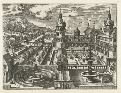 Hrad s bludištěm a fontánou Krajiny, mořské krajiny a imaginativní městské scenérie (název série) od Joannes van Doetechum (I) (attributed to)