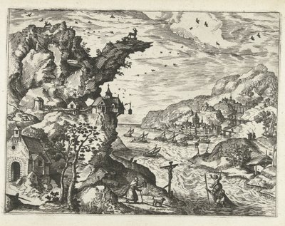 Krajina se svatým Kryštofem Krajiny, mořské krajiny a imaginativní městské scenérie (název série) od Joannes van Doetechum (I) (attributed to)