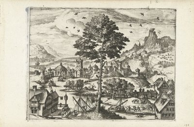 Krajina s městem na řece Krajiny, mořské krajiny a imaginativní městské scenérie (název série) od Joannes van Doetechum (I) (attributed to)