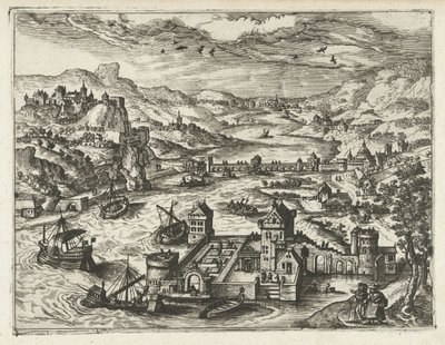 Říční krajina s vodním hradem Krajiny, mořské krajiny a imaginativní městské scenérie (název série) od Joannes van Doetechum (I) (attributed to)