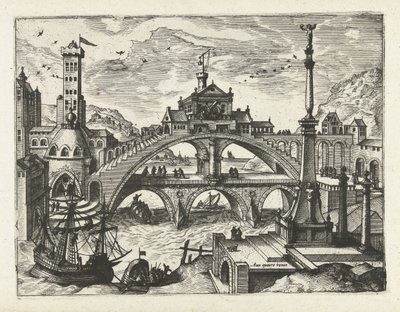 Město s postaveným mostem Krajiny, mořské krajiny a imaginativní městské scenérie (název série) od Joannes van Doetechum (I) (attributed to)