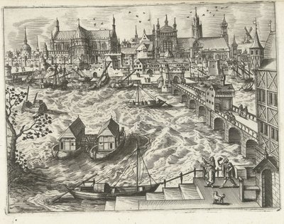 Panoráma města s mostem a přístavem Krajiny, mořské krajiny a imaginativní městské scenérie (název série) od Joannes van Doetechum (I) (attributed to)