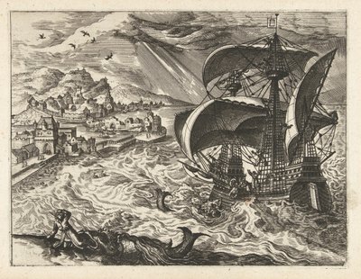 Přímořská krajina s Jonášem a velrybou Krajiny, mořské krajiny a imaginativní městské scenérie (název série) od Joannes van Doetechum (I) (attributed to)