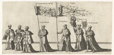 Deel van de optocht, nr. 3 ve 4 Begrafenisoptocht van keizer Karel V, 1558 (název série) Nádherná a přepychová pohřební pumpa, provedená na pohřbu a pohřbu velmi velkého a velmi vítězného císaře Karla Pátého, oslavovaného ve městě Bru od Joannes van Doetechum (I)