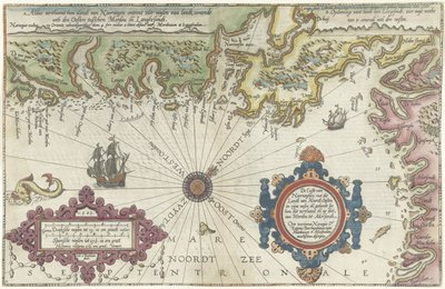 Mapa pobřeží Norska a Švédska mezi Merdøy a Uddevalla Custe van Noorweghen, s tím, že přistane od severu k východu na západě a tvarem (...) (nadpis na objektu) od Joannes van Doetechum (I)