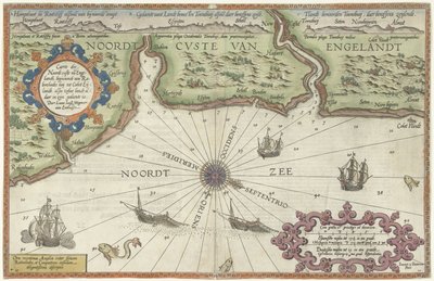 Mapa severního pobřeží Anglie v Newcastle upon Tyne Caerte der Noordt custe van Englandt, počínaje Robinhodes baij do Cocket Eijlandt (...) (název na předmětu) od Joannes van Doetechum (I)