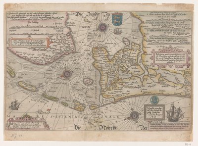 Mapa Vlie a Marsdiepu Popishe vande vermaerde stroemen, Tvlie and the Tmaersdiep, upstreckende In Zuijder Zee plul v Enchuijsen do Amstelredam, se všemi pískovými deskami a mělkou na sobě stroemen gheleghen (název na objektu) od Joannes van Doetechum (I)