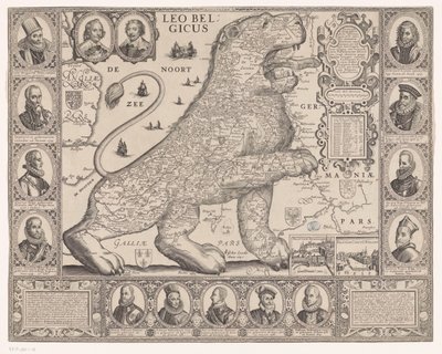 Mapa sedmnácti provincií ve tvaru holandského lva Leo Belgicus (titul na předmětu) od Joannes van Doetechum (II)