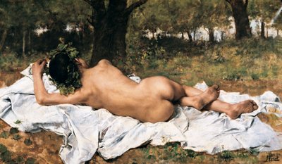 "" Mladý Bacchus "" Bakchus zezadu se prodlužuje na prostěradle v trávě. Obraz od Joaquina Agrasota y Juana (1836-1919) Kolem roku 1872 Valencie. Muzeum Bellas Artes San Pio V. od Joaquin Agrasot y Juan