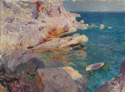 Jávea skály s bílou lodí. 1905 od Joaquín Sorolla