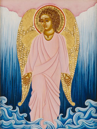 Gabriel, Anděl vody, 2004 (vaječná tempera a 24karátové zlato na dřevě) od Jodi Simmons