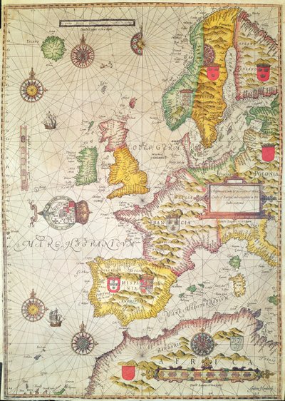 Obecná péče a popis mořských pobřeží Evropy a navigace v této knize obsažené (ručně kolorovaná rytina) od Jodocus Hondius