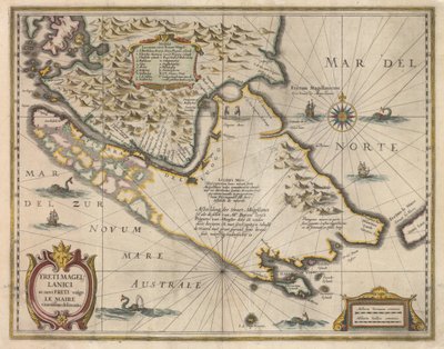 Nejpřesnější vymezení Magellanova průlivu a nových průlivů běžně známých jako Le Maire, kolem roku 1630 od Jodocus Hondius