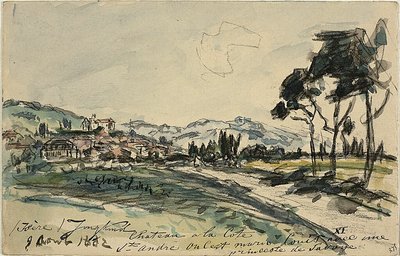Zámek, Cote Saint Andre (recto) Prázdný vůz a kůlna s dalšími skicami (verso) od Johan Barthold Jongkind