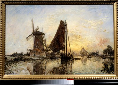 Niederländische Landschaft, Boote in der Nähe der Mühle von Johan Barthold Jongkind