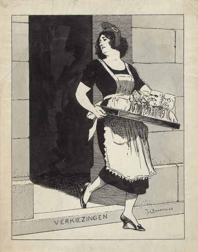 Design pro ilustraci v De Amsterdammer: Nizozemská panna jako služebná s podnosem sklenic klopýtá o krok voleb (17. května 1924) od Johan Braakensiek