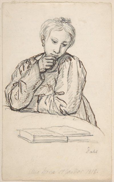 Portrét Eline Marie Hegerové jako dítěte, opírající se o stůl a listující v knize od Johan Christian Dahl