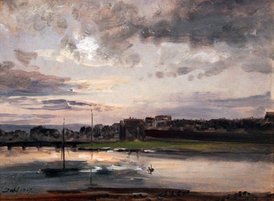 Labe a Drážďany Neustadt ve večerním světle / Labe a břeh Neustadt v Drážďanech ve večerním světle od Johan Christian Dahl