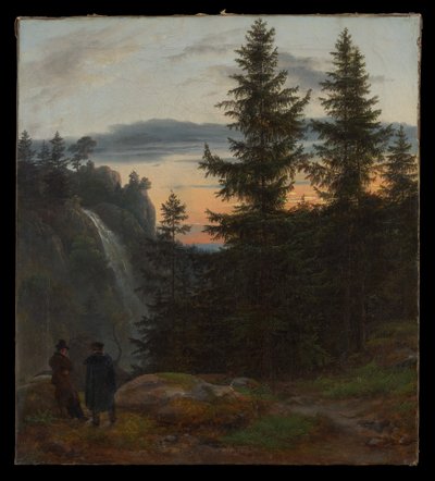 Dva muži před vodopádem při západu slunce od Johan Christian Dahl