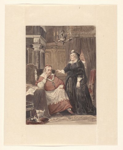 Dvě osoby v interiéru, možná Maria de Medici a kardinál de Richelieu od Johan Coenraad Leich (signed by artist)