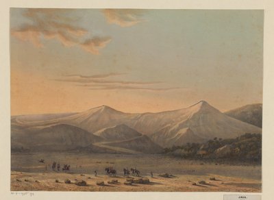 Pohled na sopku Bromo Oheň chrlí hora Bromo v roce 1856 (rezidence Probolingo) (název na objektu) od Johan Conrad Greive