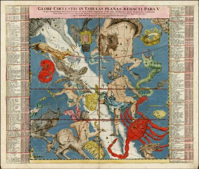 1730 nebeská mapa - Globi Coelestis In Tabulas Planas Redacti Pars V od Johan Gabriel Doppelmayr