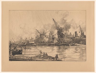 Pohled na přístav Rotterdam, s různými jeřáby od Johan Hendrik van Mastenbroek (signed by artist)