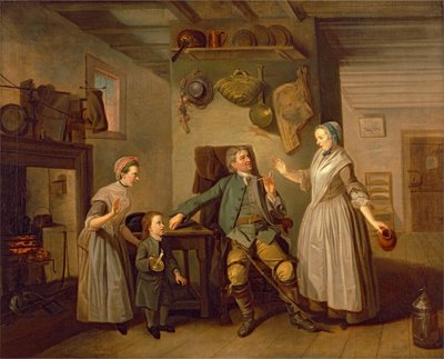 David Garrick a Mary Bradshaw ve filmu Davida Garricka Návrat farmáře od Johan Joseph Zoffany