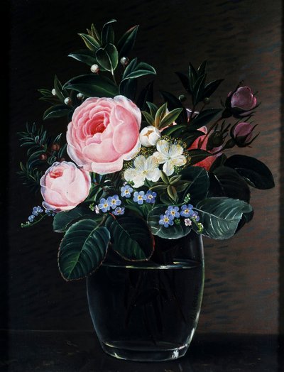 Růže a pomněnky ve skleněné váze. Obraz Johana Laurentze Jensena (1800-1856) Soukromá sbírka. od Johan Laurents Jensen