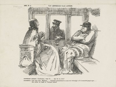 Karikatura mnoha nehod na Rhijnspoorweg, 1866 Z Amsterdamu do Arnhemu (název na objektu) od Johan Michaël Schmidt Crans