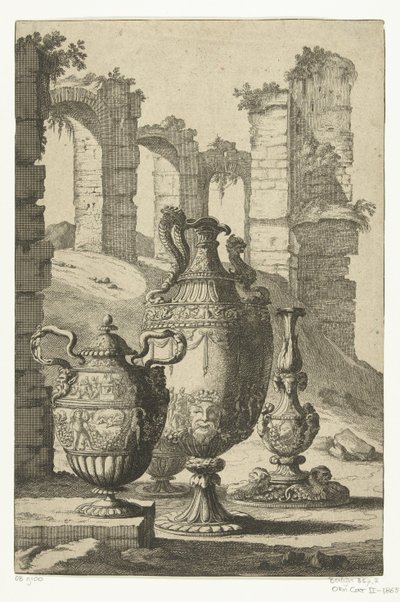 Tři vázy a svícen Materiam superabat opus (název na objektu) Vázy a svícny (název série) od Johan Teyler (attributed to)