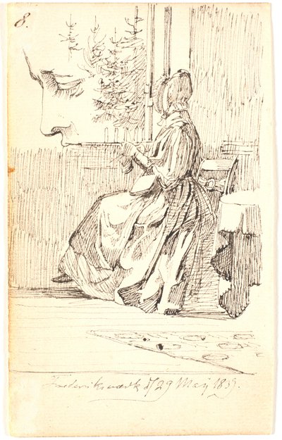 Pletoucí dáma (Lundbyeova matka?) u okna s výhledem na jedle a profilová studie od Johan Thomas Lundbye