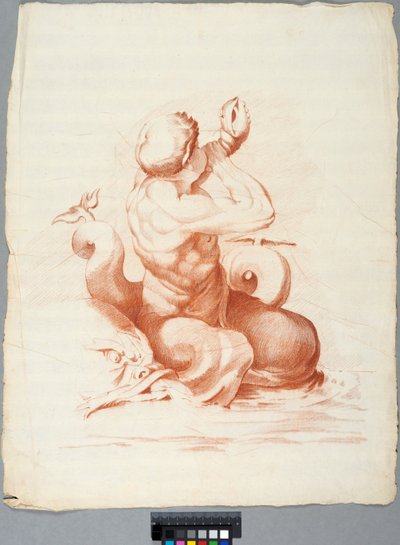 Akademiezeichnung. Detail einer Deckendekoration mit Peleus und Thetis in der Galleria Farnese, Rom, Triton bläst eine Muschel od Johan Tobias Sergel