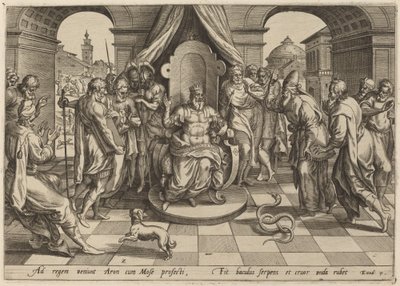 Mojžíš a Áron před farou od Johan Wierix, after Maarten van Cleef