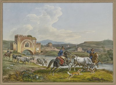 Římští Campagnoli na koních s pomocí psů chytají býka od Johann Adam Klein