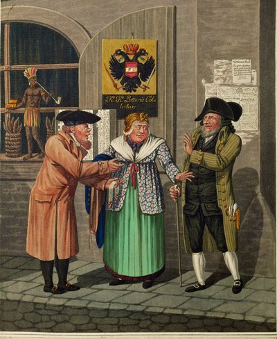 Tři vídeňští Židé před státní loterijní kanceláří a prodejnou tabáku... od Johann Adolph Opitz