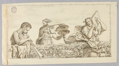 Satyrský chlapec hrající na flétnu, dívka s činely, žena s knihou od Johann August Nahl the Younger