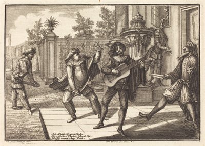Scaramouche rozptyluje Pantalon od Johann Balthasar Probst after Johann Jacob Schübler