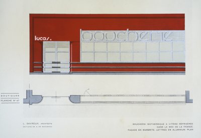 Boucherie Isothermique a Vitrine Refrigeree, L Savreux, Boutiques, Henry Delacroix, Editions S De Bonadona, Paříž, konec 20. let, Pochoir Print od Johann Baptist Edler von Lampi