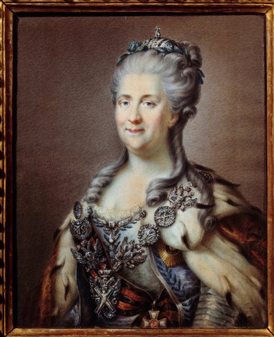 Portrét Kateřiny II. (1729-1796) imperatrice Ruska s náhrdelníkem svatého André a šňůrou kříže svatého Jiří Anonymní akvarel z 18. století, podle obrazu Johanna Baptista von Lampi (1751-1830) Paříž, muzeum od Johann Baptist I (after) Lampi