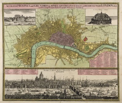 Map and Prospect of London, c.1710 (ručně kolorovaná rytina) od Johann Baptista Homann