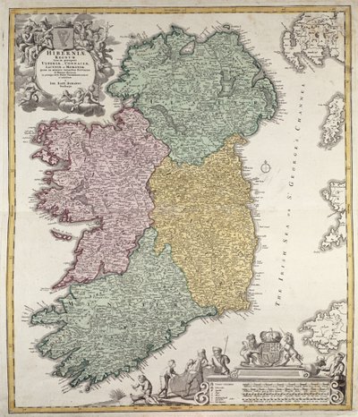 Mapa Irska zobrazující provincie Ulster, Munster, Connaught a Leinster od Johanna B. Homanna, kolem roku 1730 (ručně kolorovaná rytina) od Johann Baptista Homann
